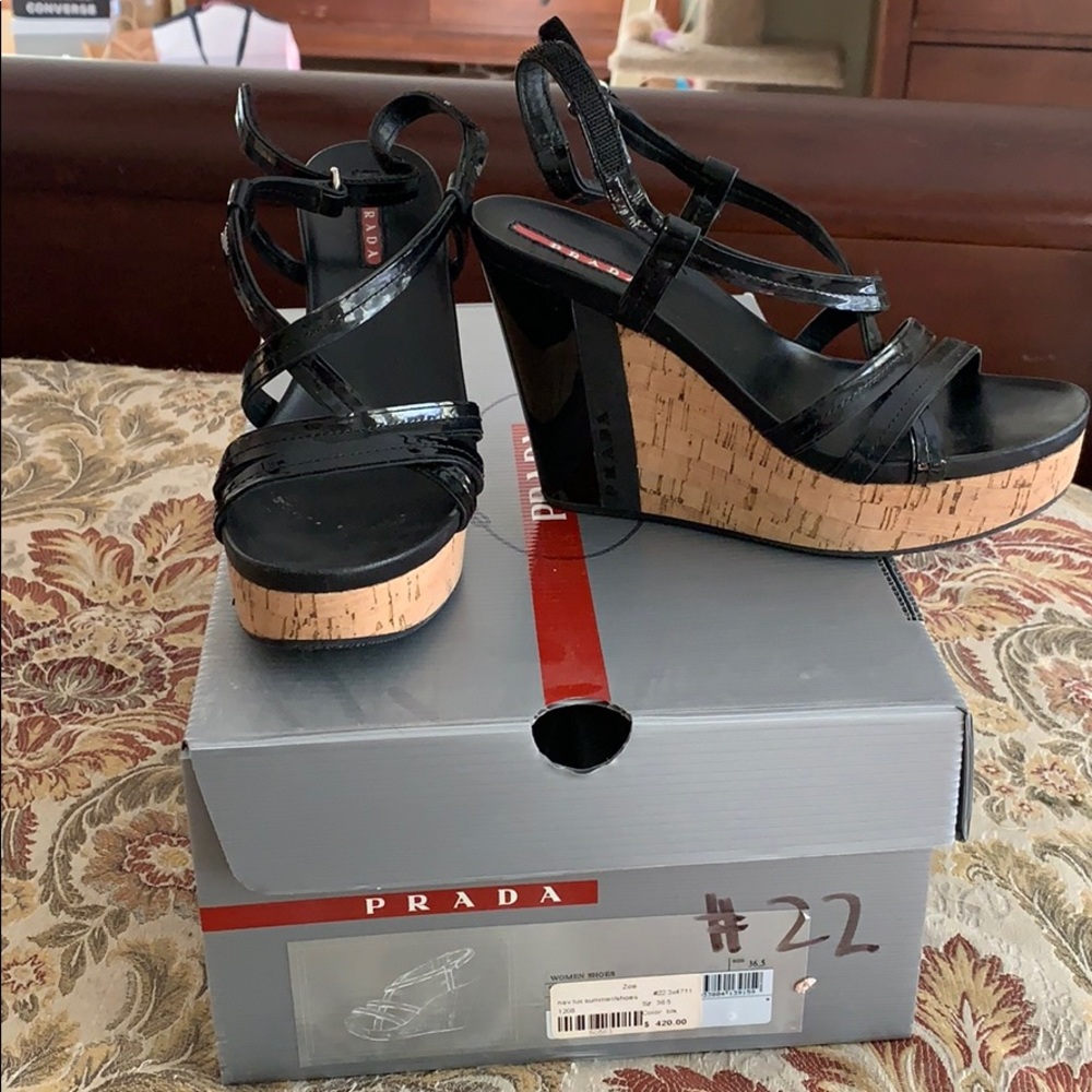 Prada Black Patent Leather Wedges